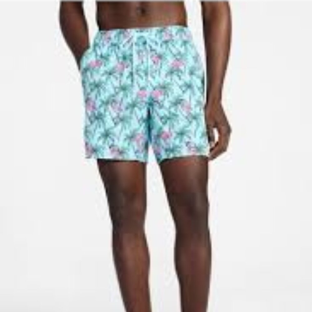 Crown & Ivy | Men's Pink + Green Tropical Palm Leaf Printed Swim Trunks